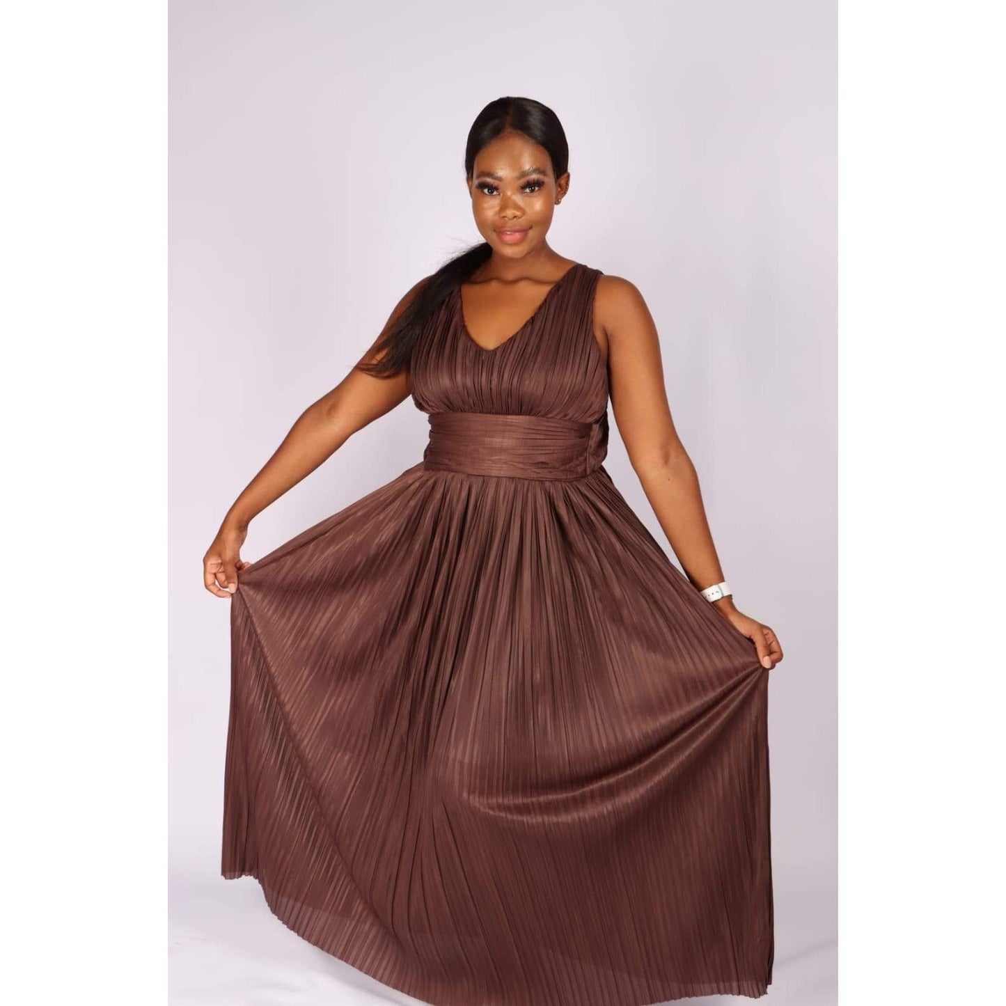 Deep V-Neck Pleated Maxi dress 