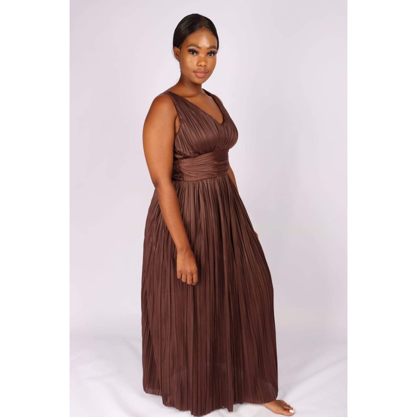 Deep V-Neck Pleated Maxi dress 