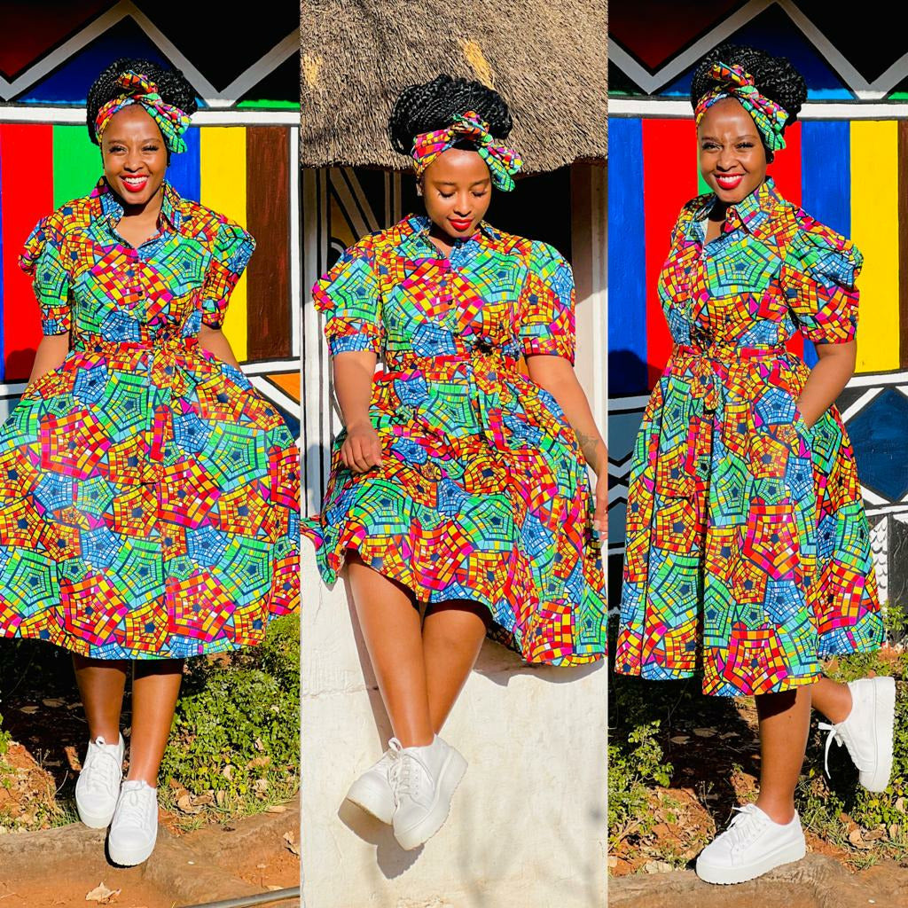 Deep V-Neck 3 Quarter Sleeve Ankara Dress