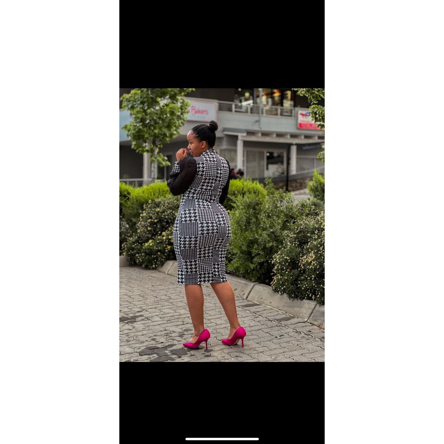 Houndstooth Print Mesh Sleeve Dress