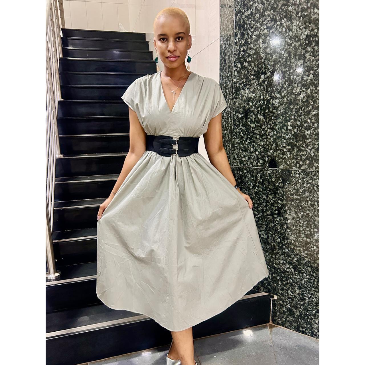 Pleated Waist Belt Flying Sleeve Office Street Dress.