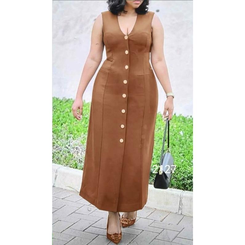 Sleeveless V-Neck Button Detailed Dress