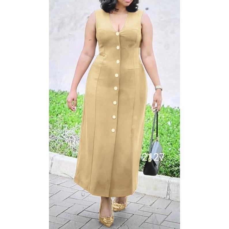 Sleeveless V-Neck Button Detailed Dress