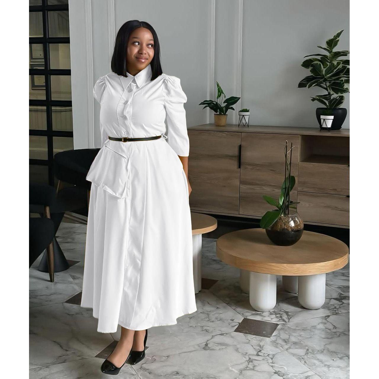 Puffy Sleeves Plain Sleeve Midi Dress