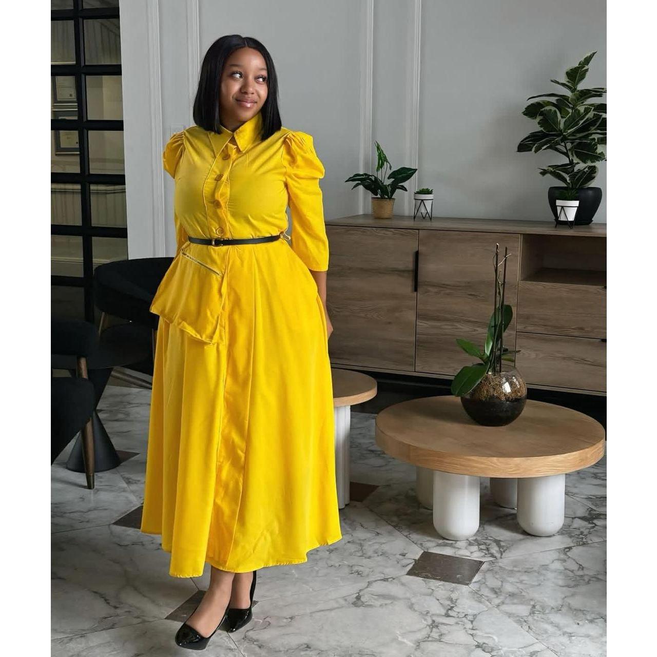 Puffy Sleeves Plain Sleeve Midi Dress