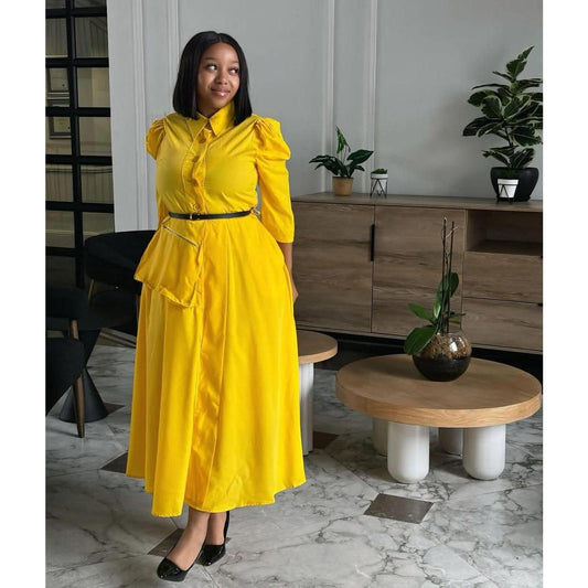 Puffy Sleeves Plain Sleeve Midi Dress