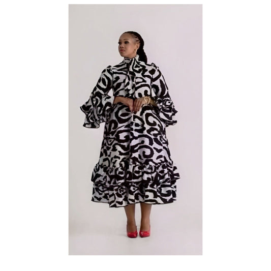 Ruffle Twisted Elegant Hem High-neck Design Dress.