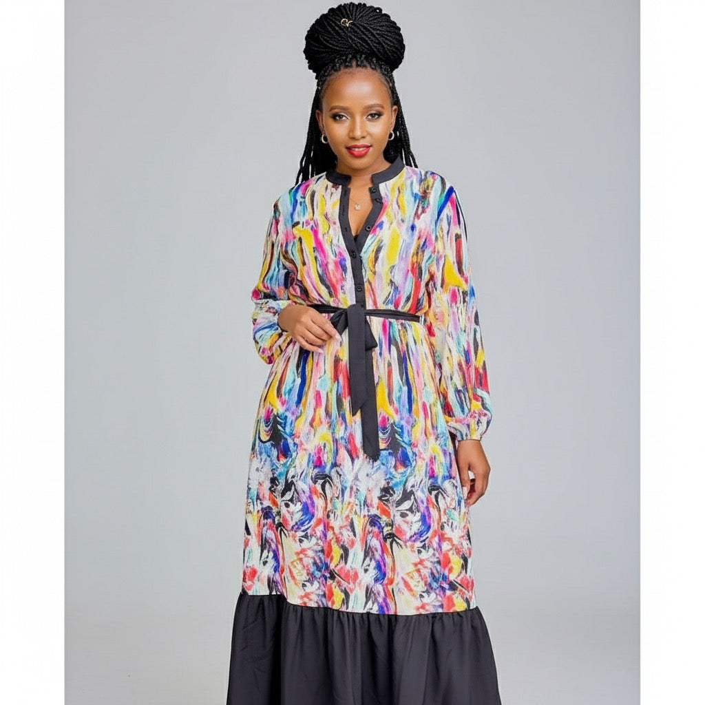 High Waisted Long Sleeve Round Neck Dress