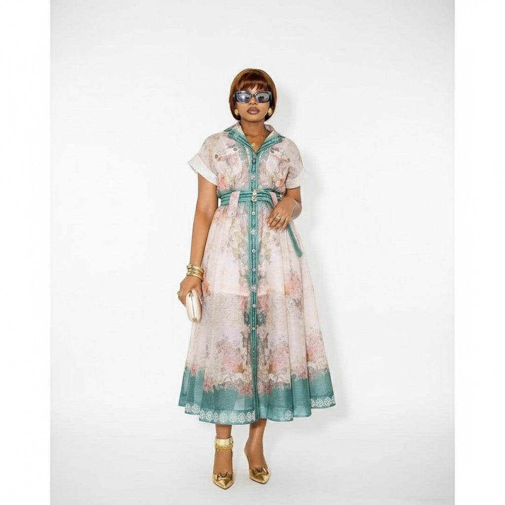 Plus Size Short Sleeve V-Neck Multi-Color A-Line Maxi Dress