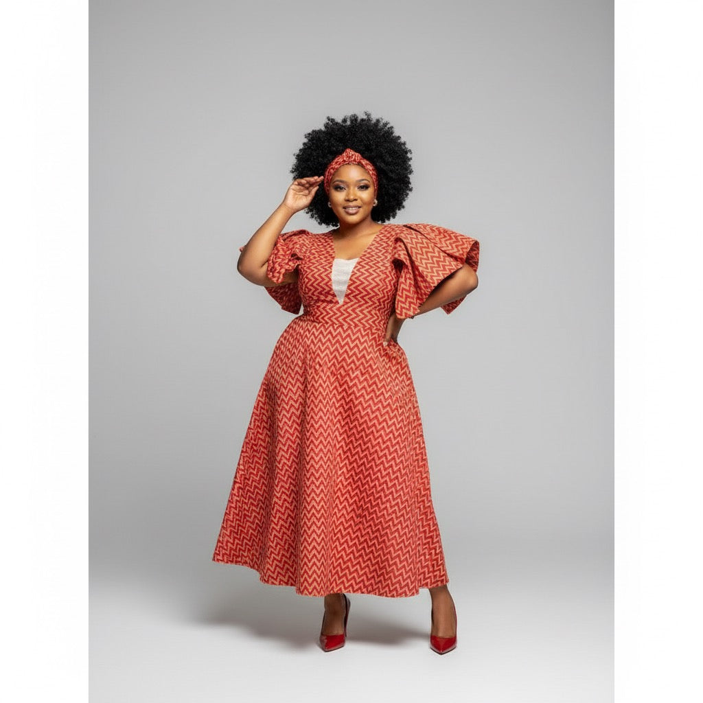 Plus Size Short Sleeve V-Neck  Ankara Midi Dress