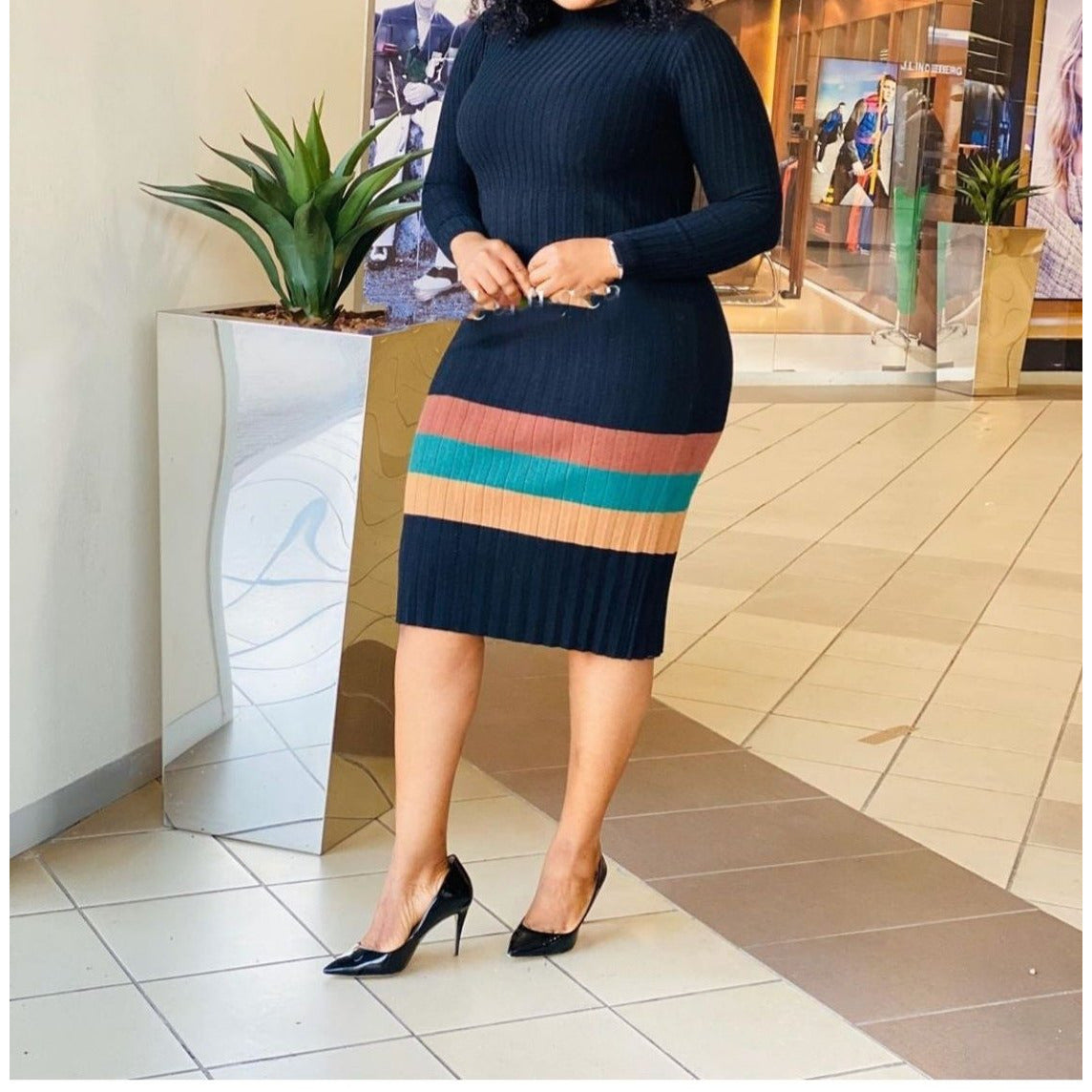 Striped High-neck Sweater Dress 