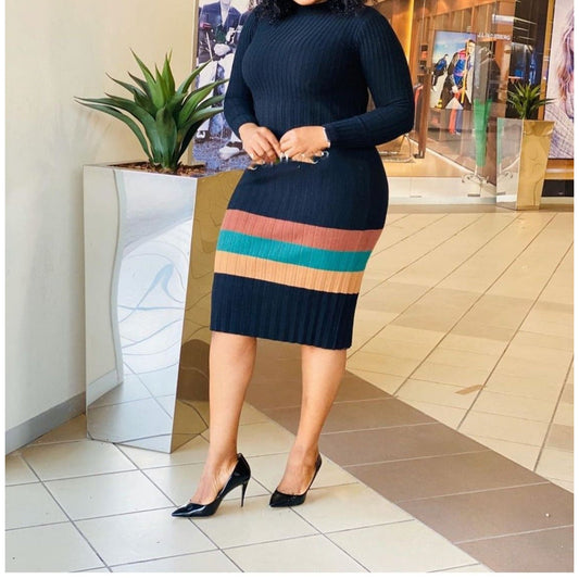 Striped High-neck Sweater Dress 