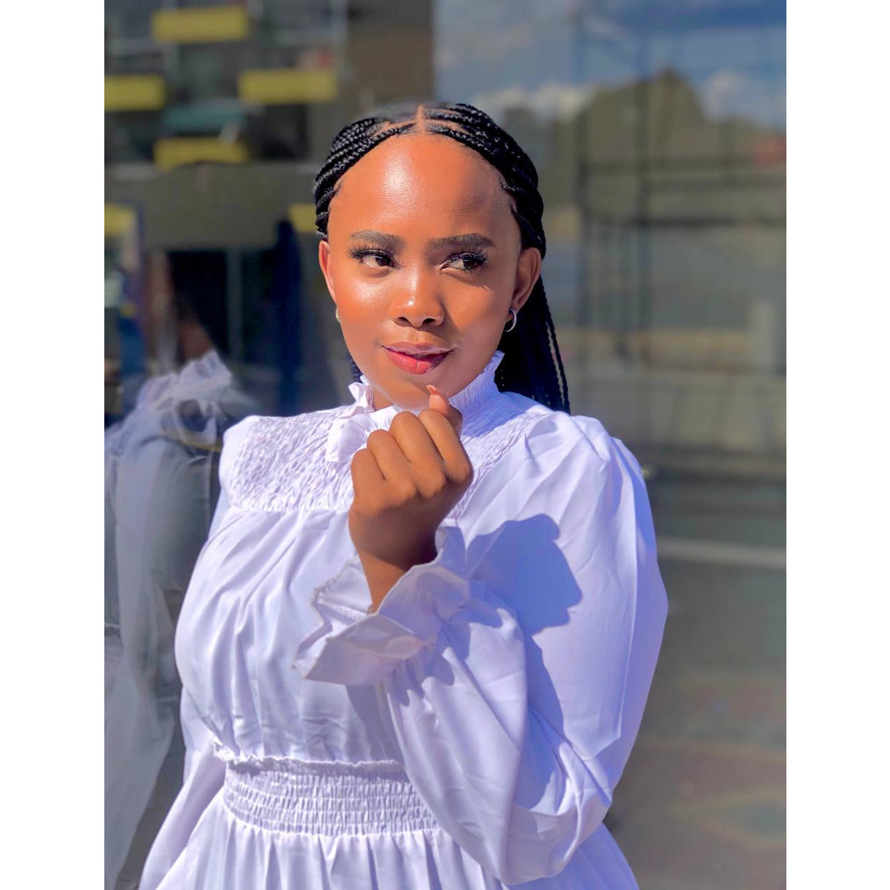 Pleated Long Sleeve Stand Collar Dress