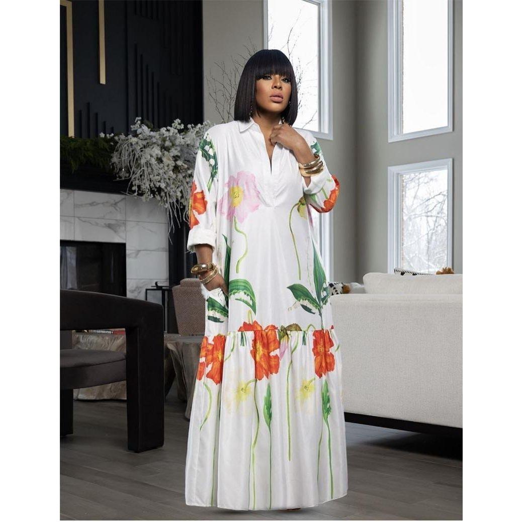 Long Sleeve Printing Maxi Dress.