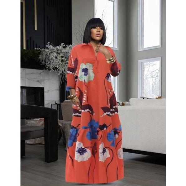 Long Sleeve Printing Maxi Dress.