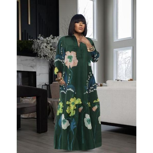 Long Sleeve Printing Maxi Dress.