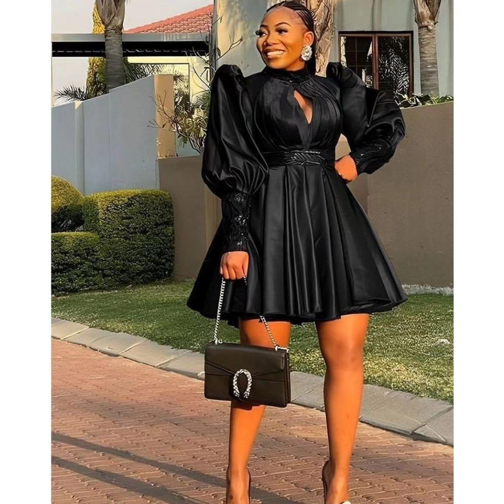 Pleated And Fluffy Sleeves Mini Dress.