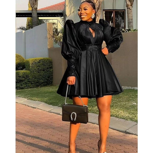 Pleated And Fluffy Sleeves Mini Dress.