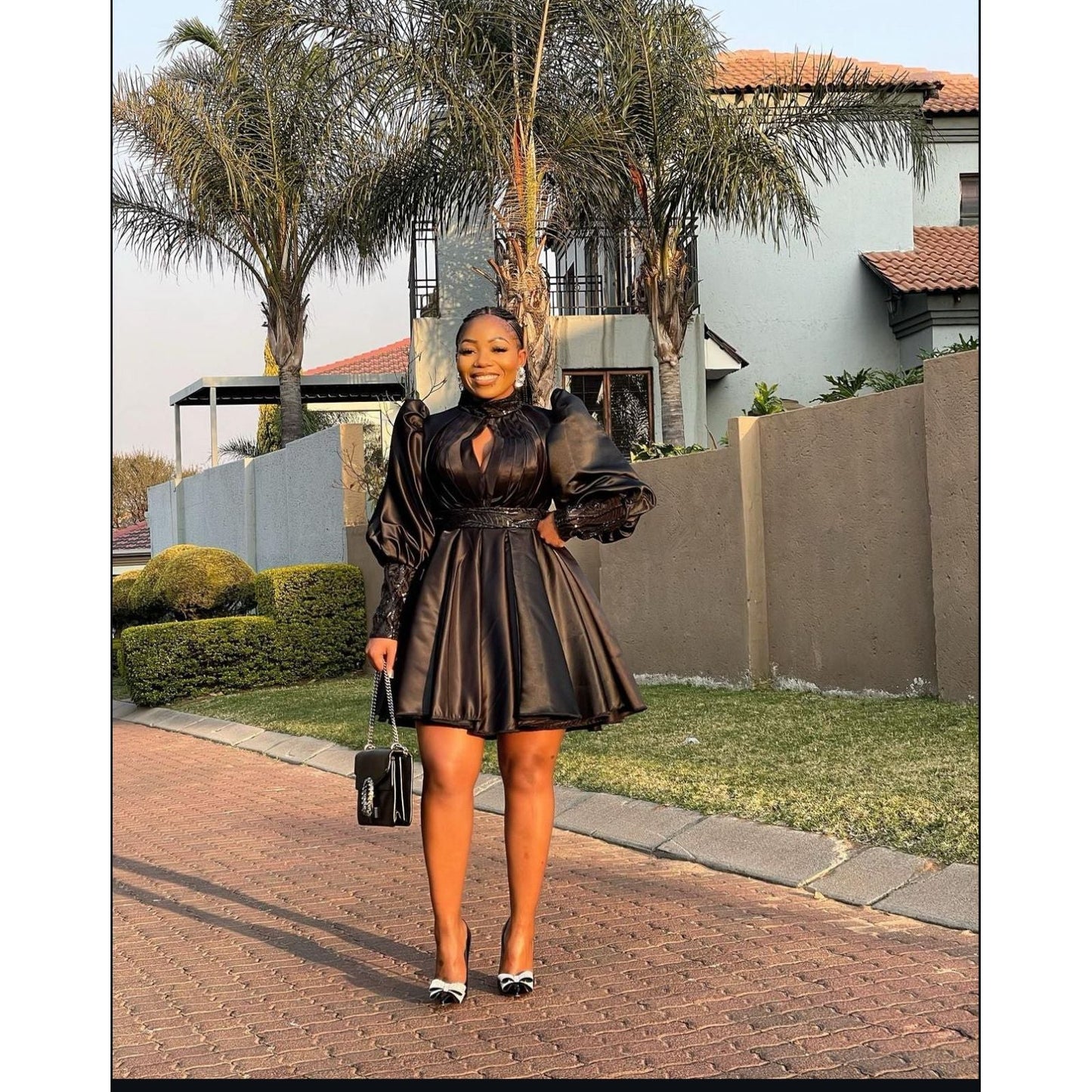 Pleated And Fluffy Sleeves Mini Dress.