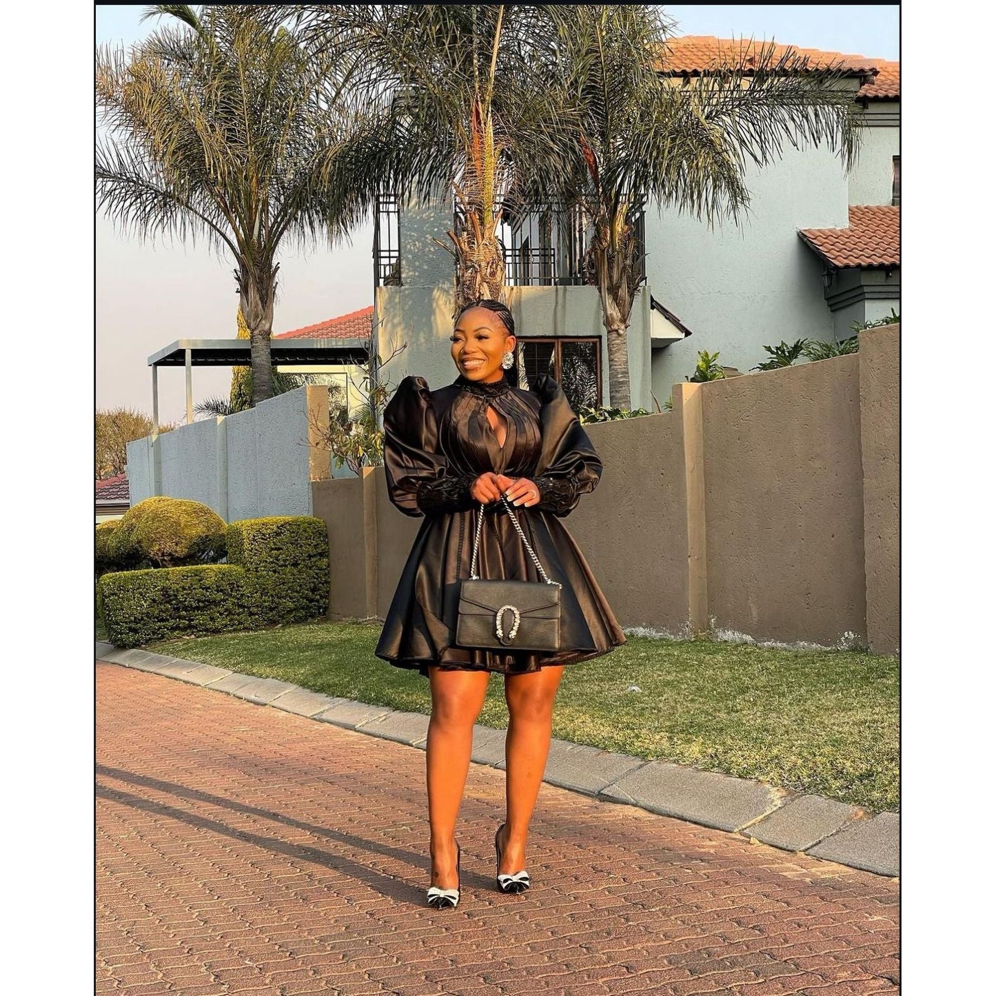 Pleated And Fluffy Sleeves Mini Dress.