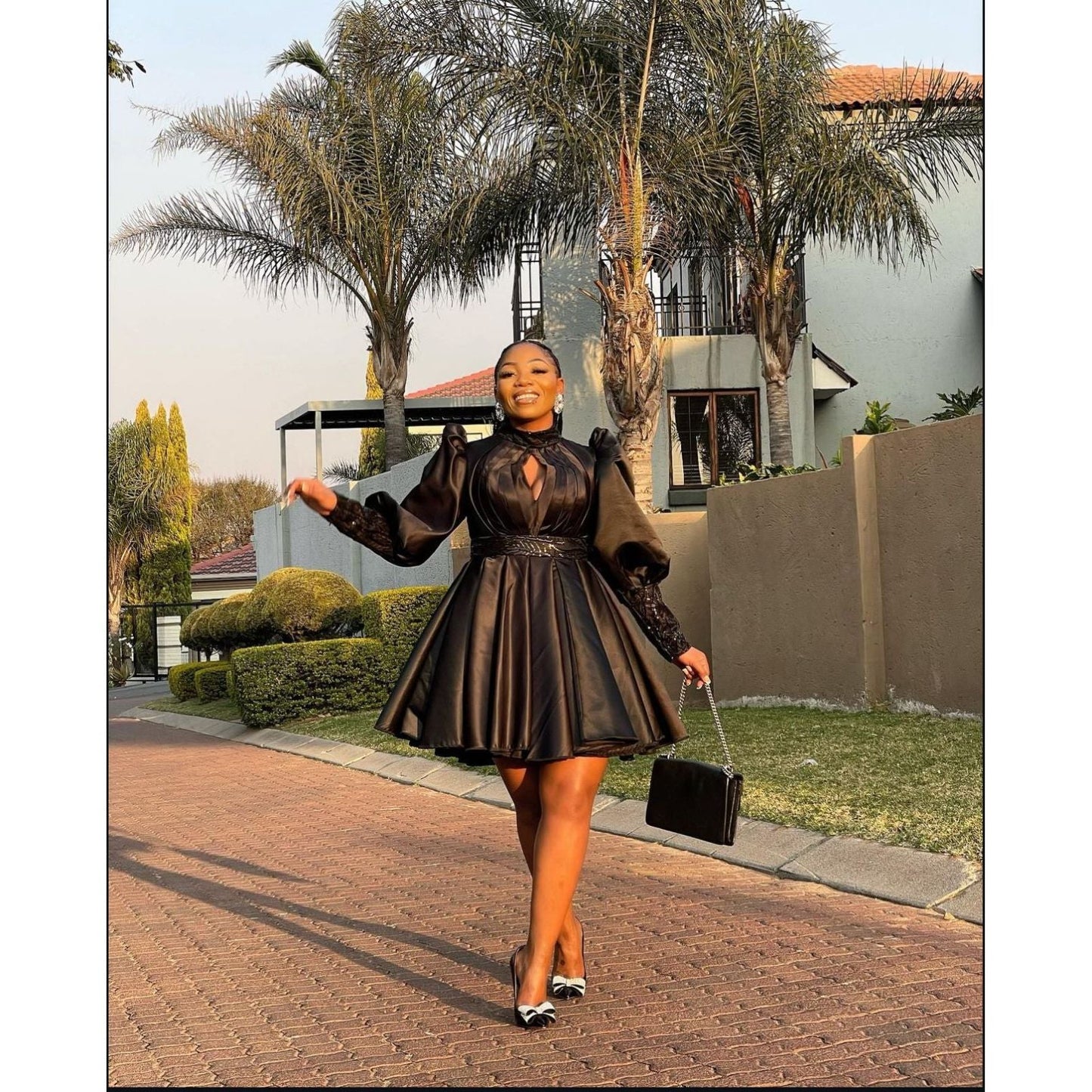 Pleated And Fluffy Sleeves Mini Dress.