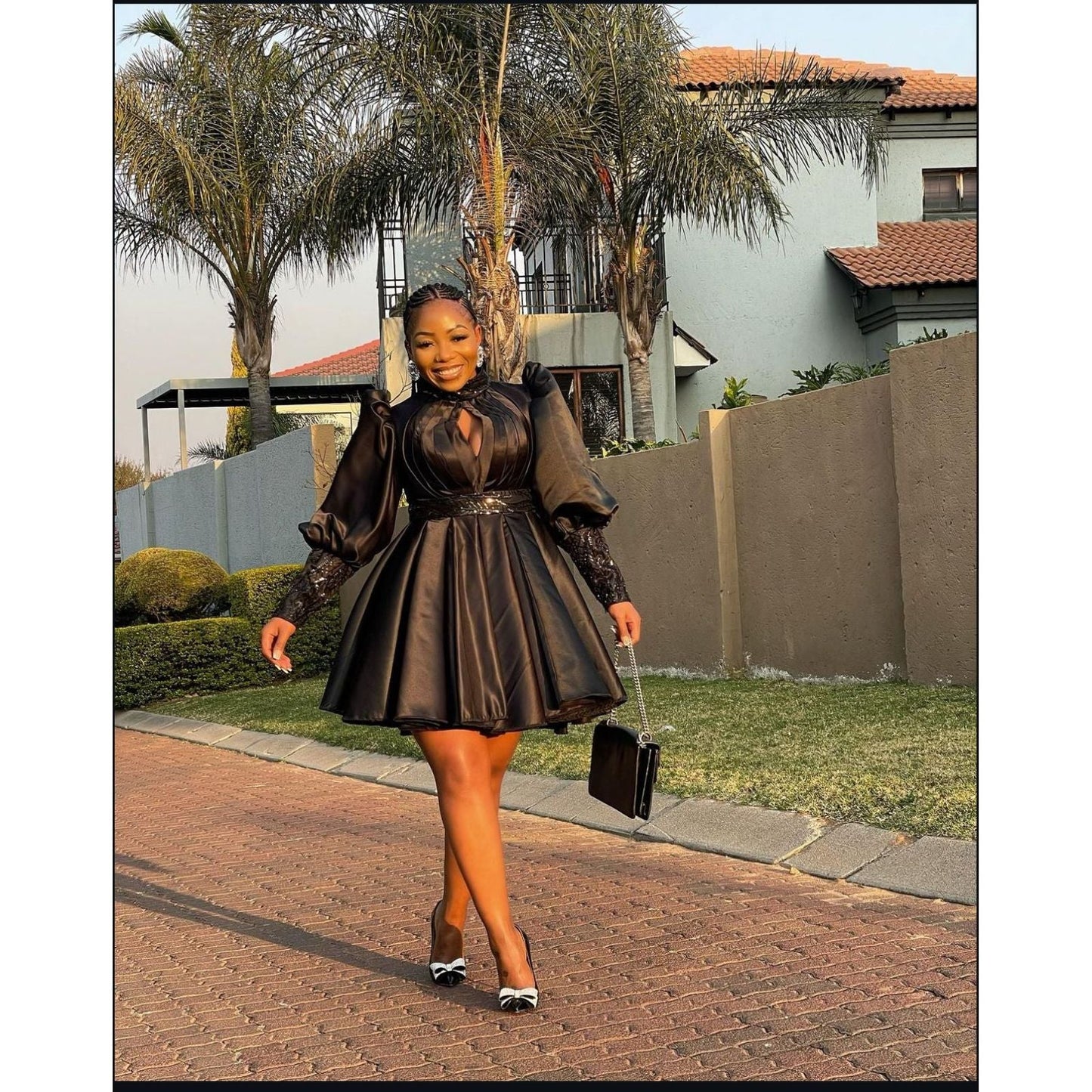 Pleated And Fluffy Sleeves Mini Dress.