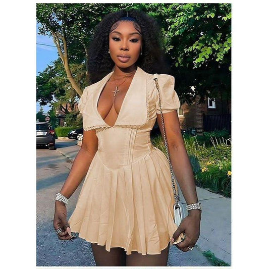 Sexy Deep V-Neck Pleated Mini Dress.