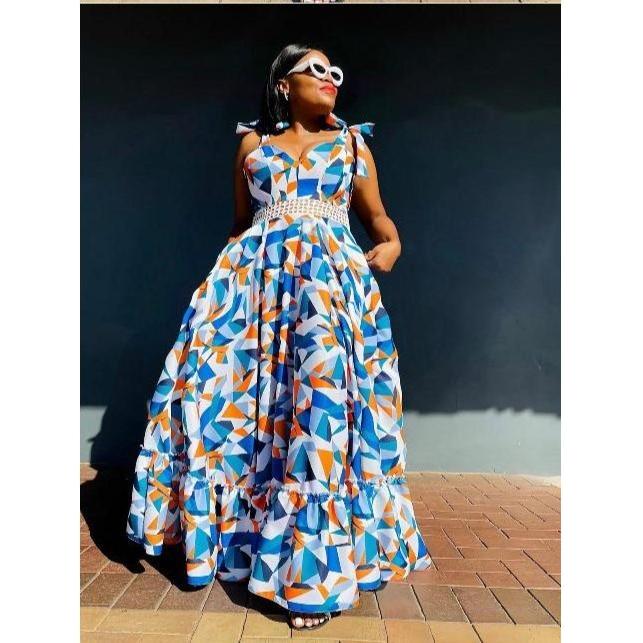 Knotted Shoulder Colorful Maxi Dress