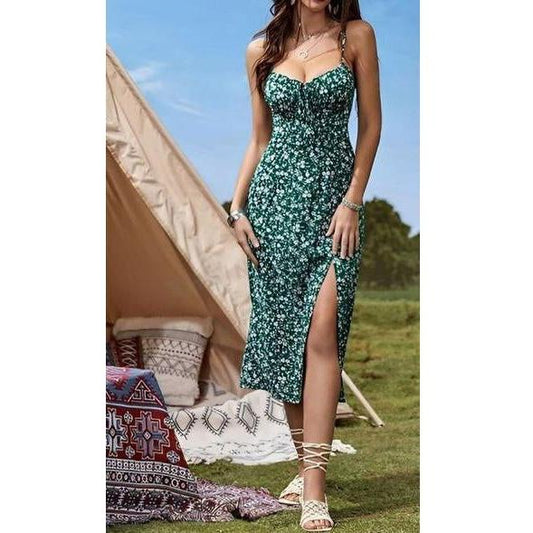 Floral Print Strap Shoulder Slit Midi Dress
