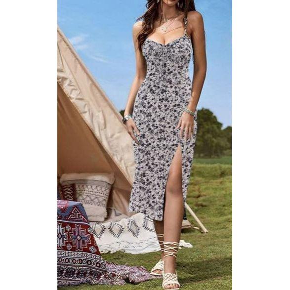 Floral Print Strap Shoulder Slit Midi Dress