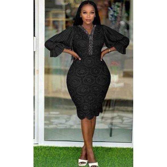 V-Neck Puff Sleeve Cocktail Bodycon Dress