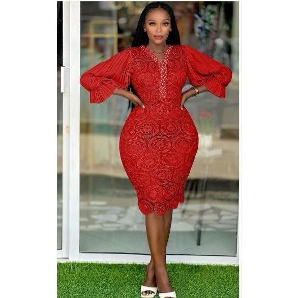 V-Neck Puff Sleeve Cocktail Bodycon Dress