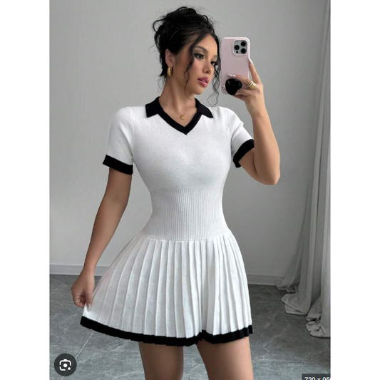 Drop V-Neck Casual Pleated Sweater Mini Dress