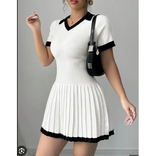 Drop V-Neck Casual Pleated Sweater Mini Dress