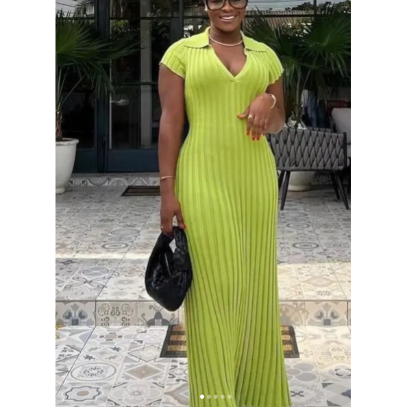 Long Sleeve V Neck Pleated Bodycon Knit Ribbed Maxi Dress