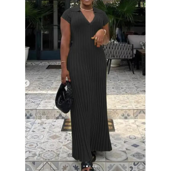 Long Sleeve V Neck Pleated Bodycon Knit Ribbed Maxi Dress