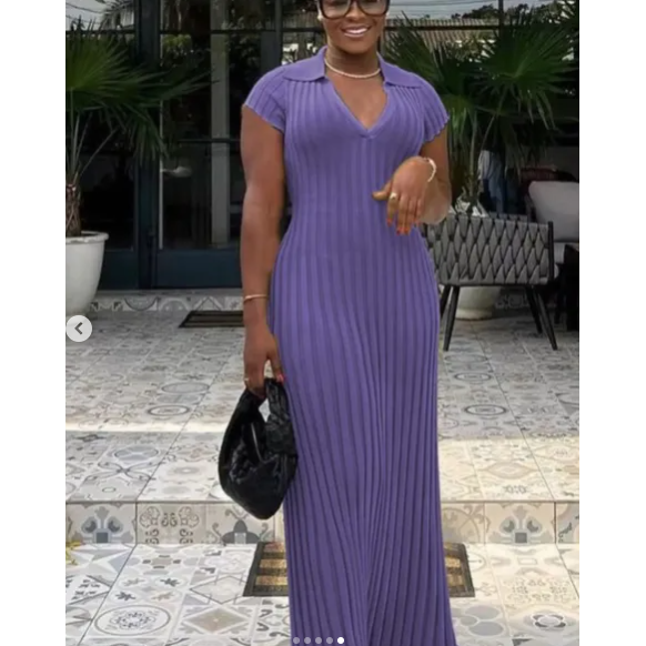 Long Sleeve V Neck Pleated Bodycon Knit Ribbed Maxi Dress