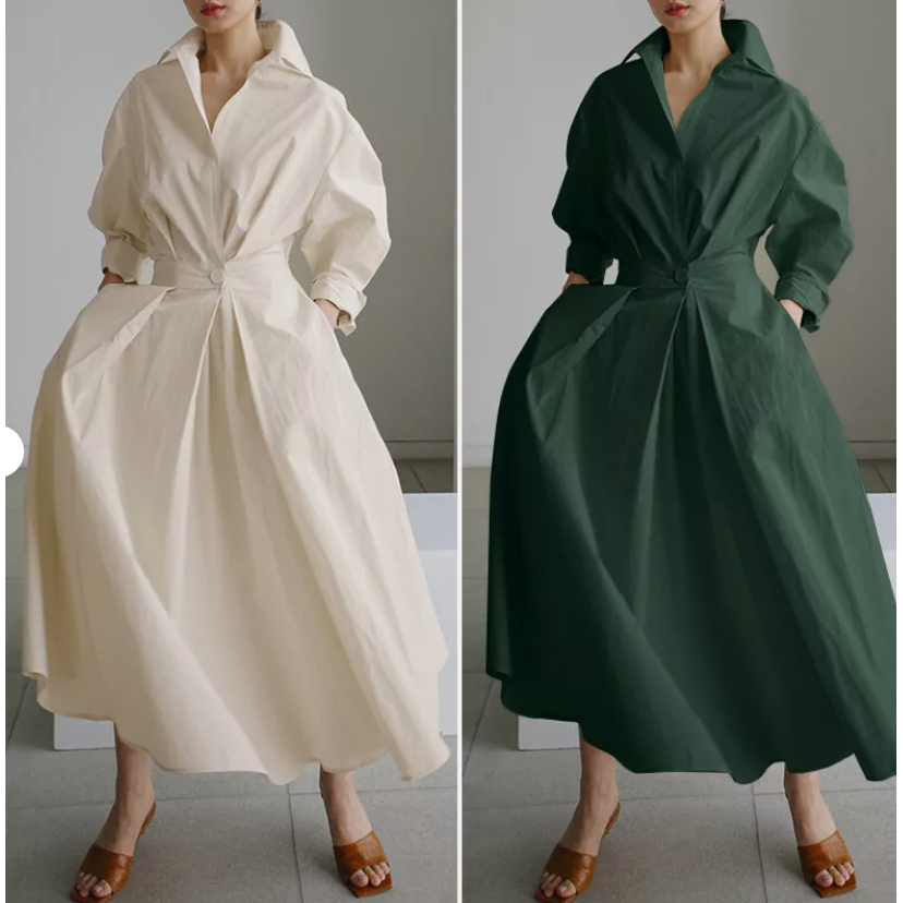 Long Sleeve Spring Elegant Lapel Neck Sundress