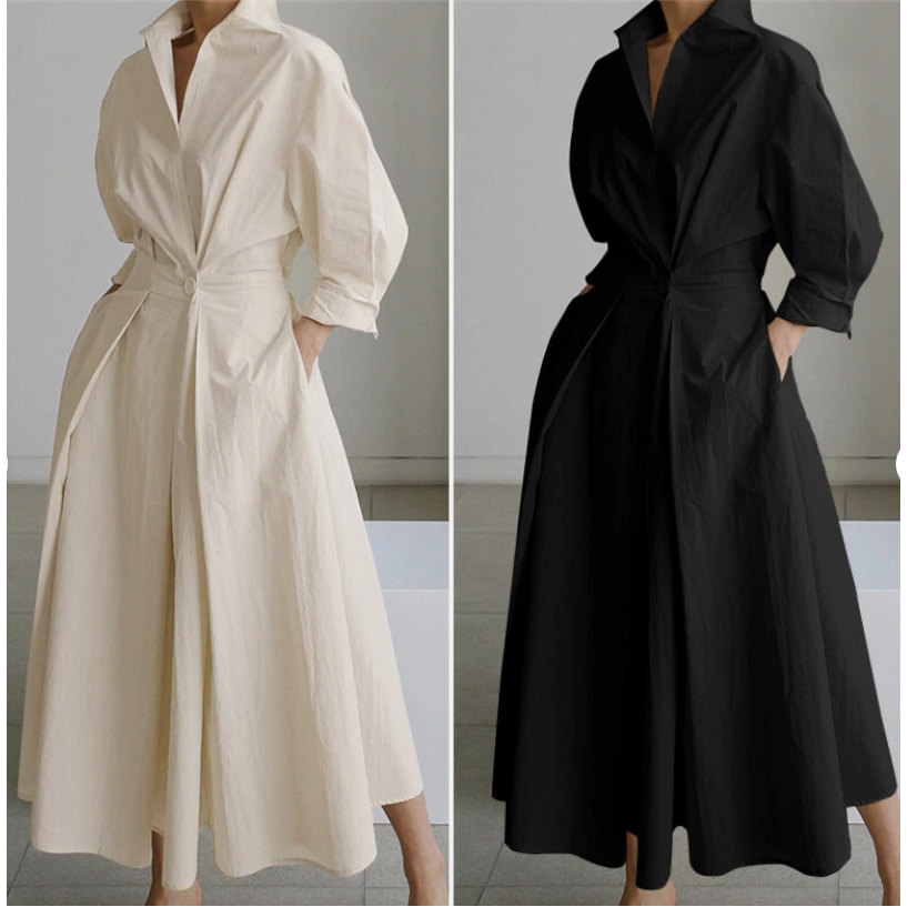 Long Sleeve Spring Elegant Lapel Neck Sundress