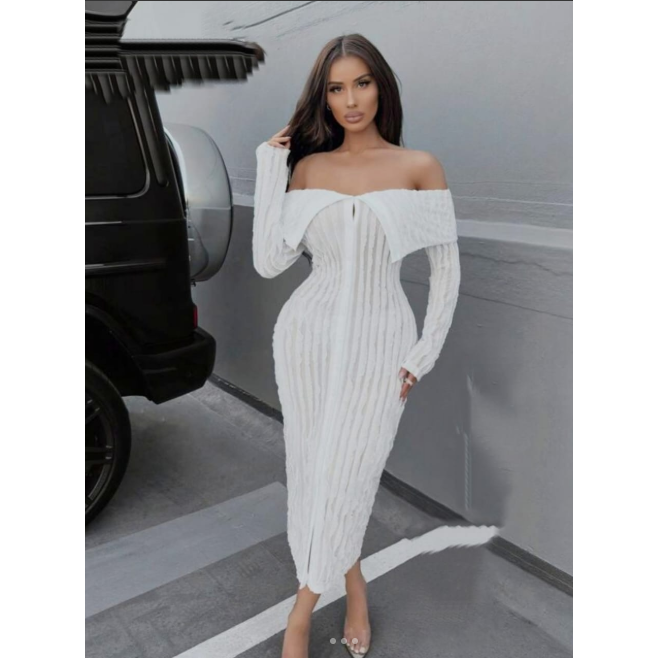 Mesh Texture Fabric Turn-Down Collar Off Shoulder Bodycon Dress