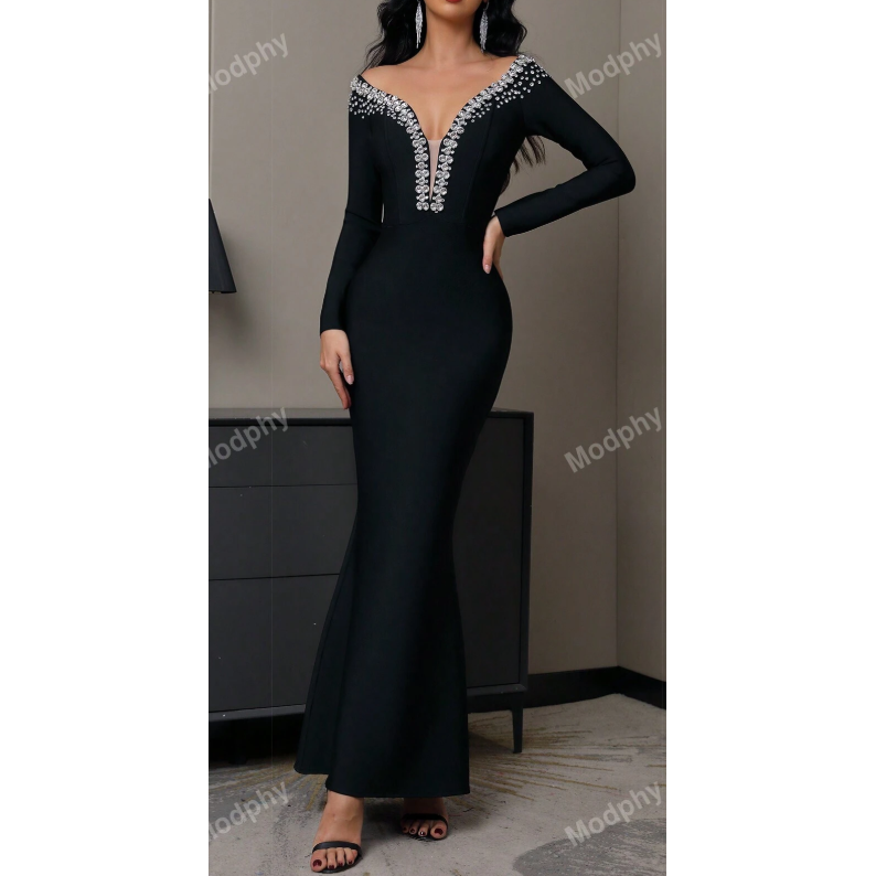 Sexy Diamond V-Neck Sheer Long Sleeve Tight-Fitting Hem Bodycon Dress