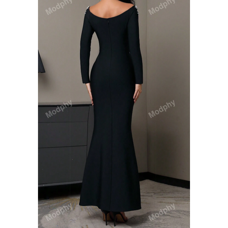 Sexy Diamond V-Neck Sheer Long Sleeve Tight-Fitting Hem Bodycon Dress