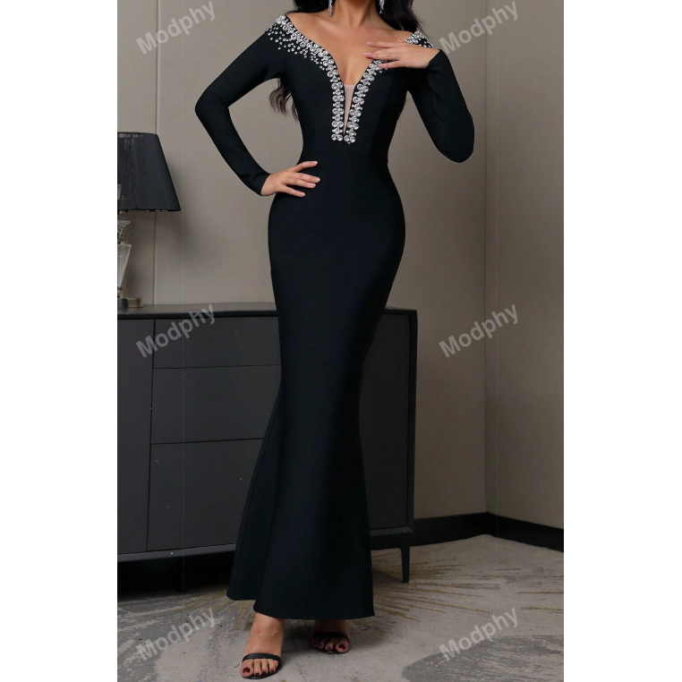 Sexy Diamond V-Neck Sheer Long Sleeve Tight-Fitting Hem Bodycon Dress