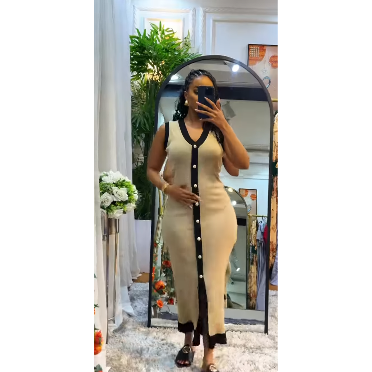 Casual Contrast Color Knitted V-Neck Sleeveless Slim Fit Dress