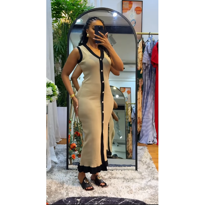 Casual Contrast Color Knitted V-Neck Sleeveless Slim Fit Dress