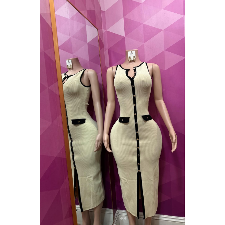 Casual Contrast Color Knitted V-Neck Sleeveless Slim Fit Dress