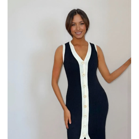 Casual Contrast Color Knitted V-Neck Sleeveless Slim Fit Dress