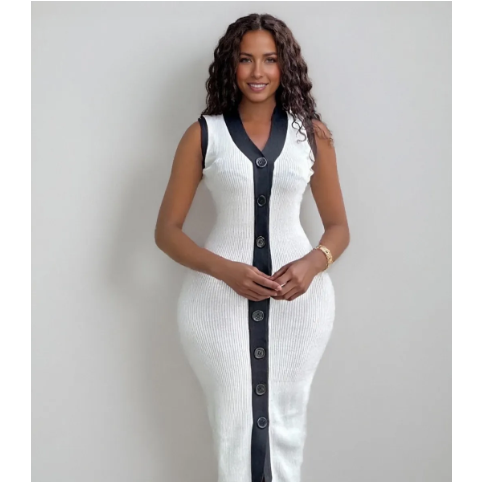 Casual Contrast Color Knitted V-Neck Sleeveless Slim Fit Dress