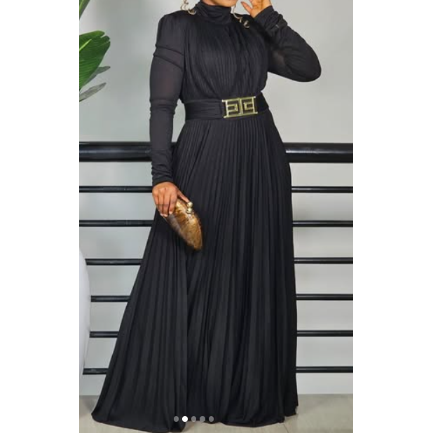 Satin A Line Long Sleeve Pleated High-neck Maxi Dress
