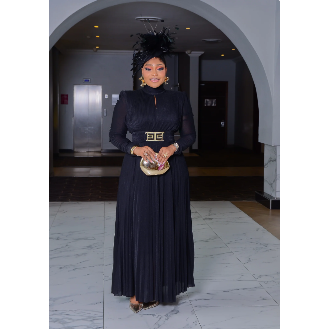 Satin A Line Long Sleeve Pleated High-neck Maxi Dress